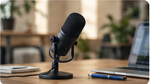 A studio microphone on a desk, ready for an interview