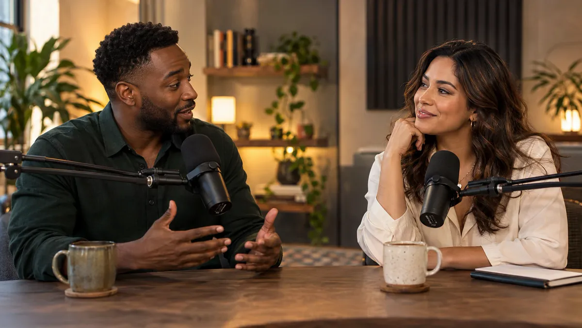 Two people recording a podcast